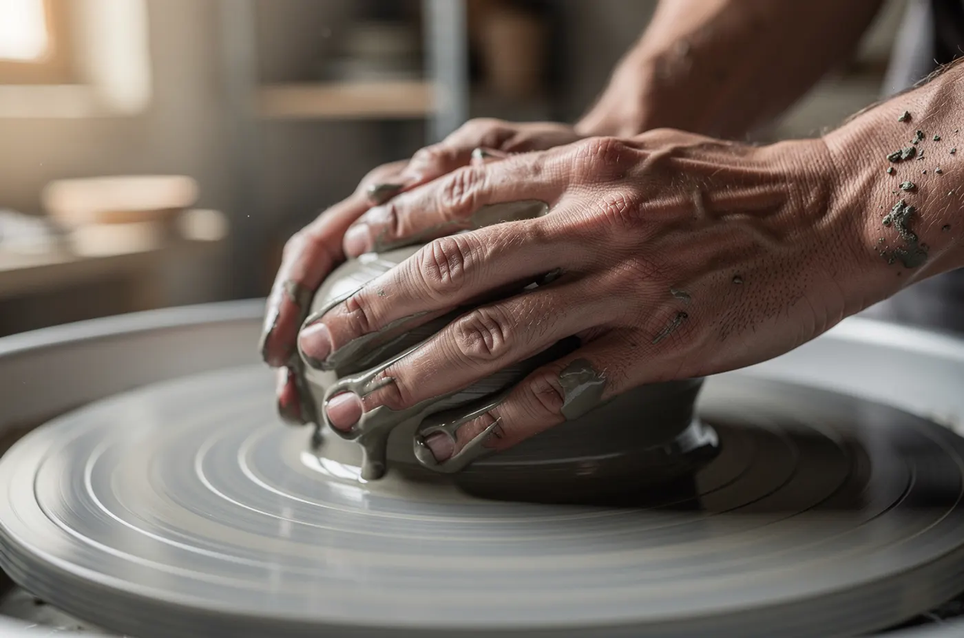 FLUX.2 Pro: Close-up of a potter's hands centring wet grey clay on a spinning wheel. Both hands fully in frame, ten fingers, clay slip running over the knuckles. Studio window light from the left.