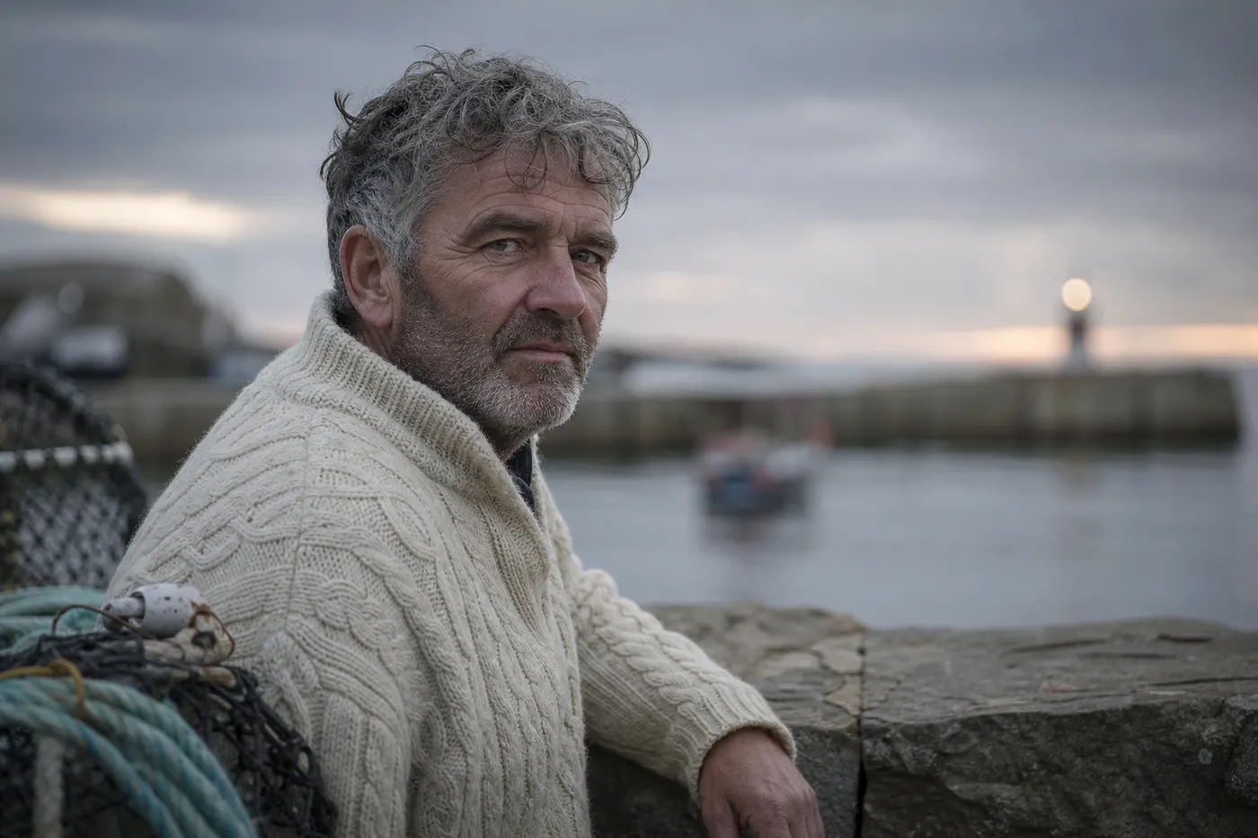 GPT Image 2: A fisherman in his fifties on a harbour wall at dawn, wearing a thick cream cable-knit wool sweater. Weathered skin, grey stubble, overcast light. Shot on 85mm at f/2.