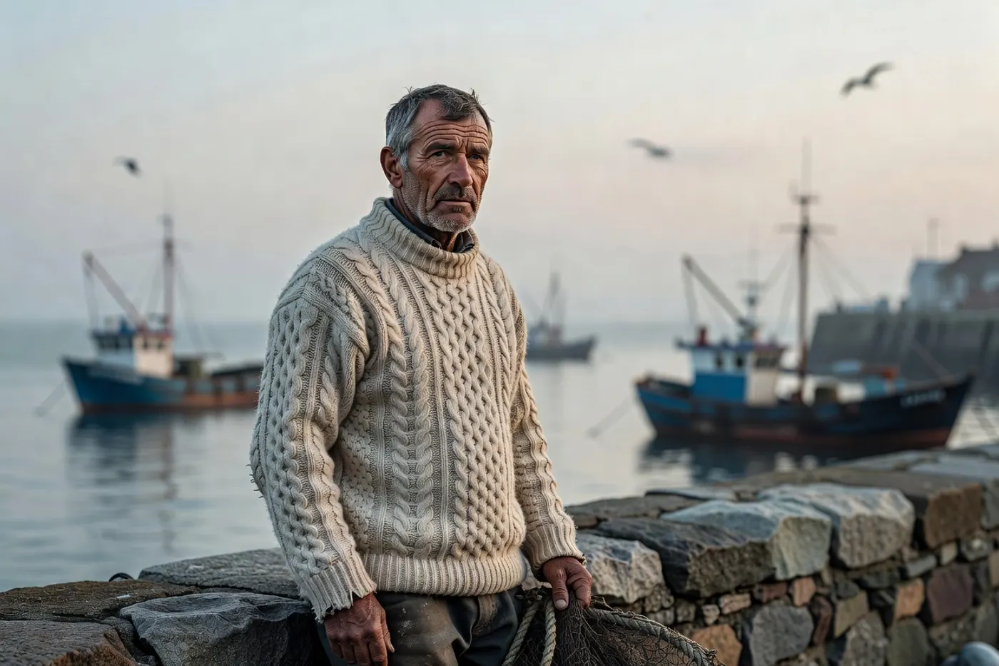 Grok Imagine Image: A fisherman in his fifties on a harbour wall at dawn, wearing a thick cream cable-knit wool sweater. Weathered skin, grey stubble, overcast light. Shot on 85mm at f/2.