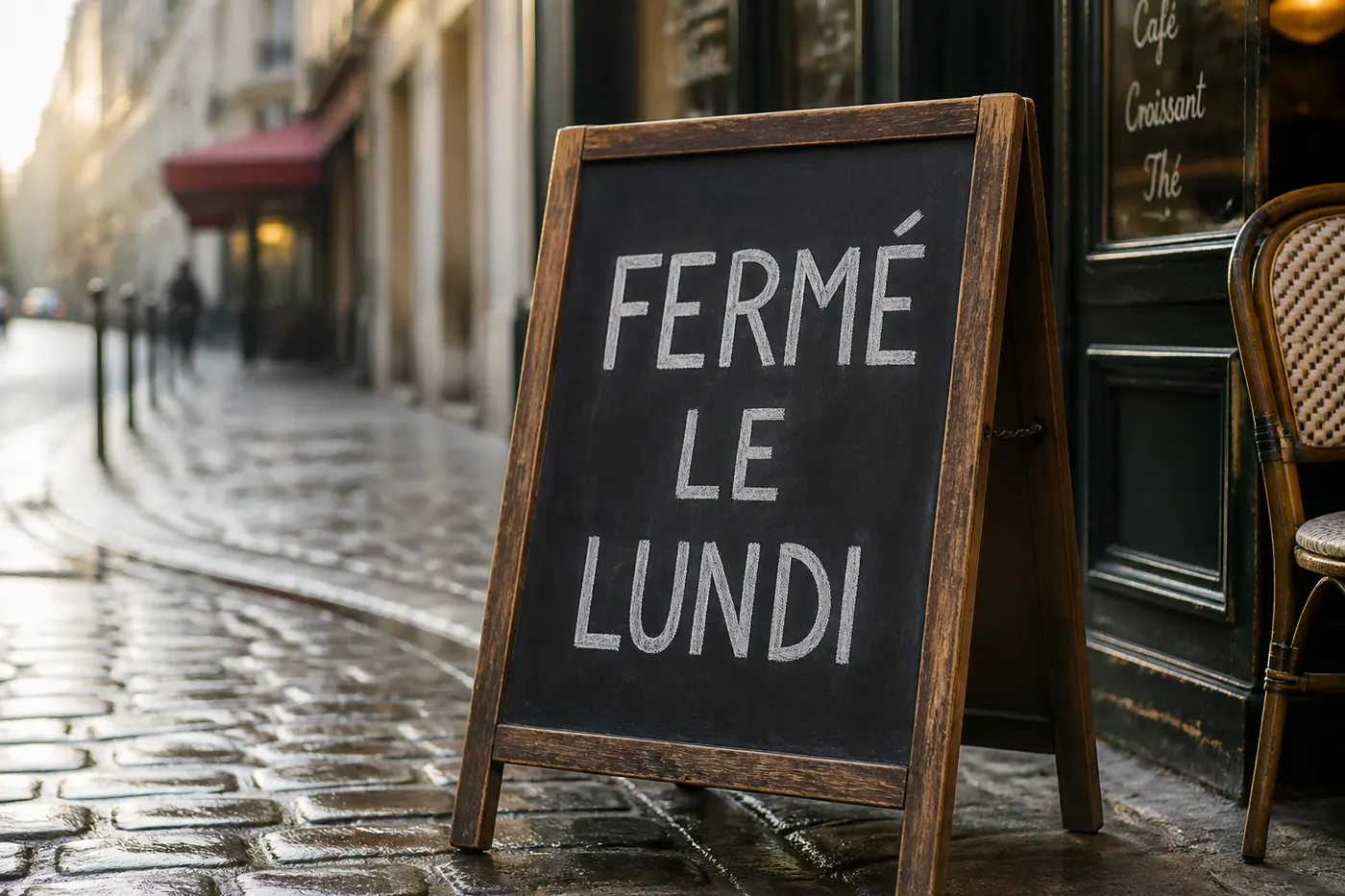 GPT Image 2: A hand-lettered chalkboard sign propped on the pavement outside a Paris café. The board reads FERMÉ LE LUNDI in white chalk capitals. Morning light, wet cobblestones, shallow depth of field.