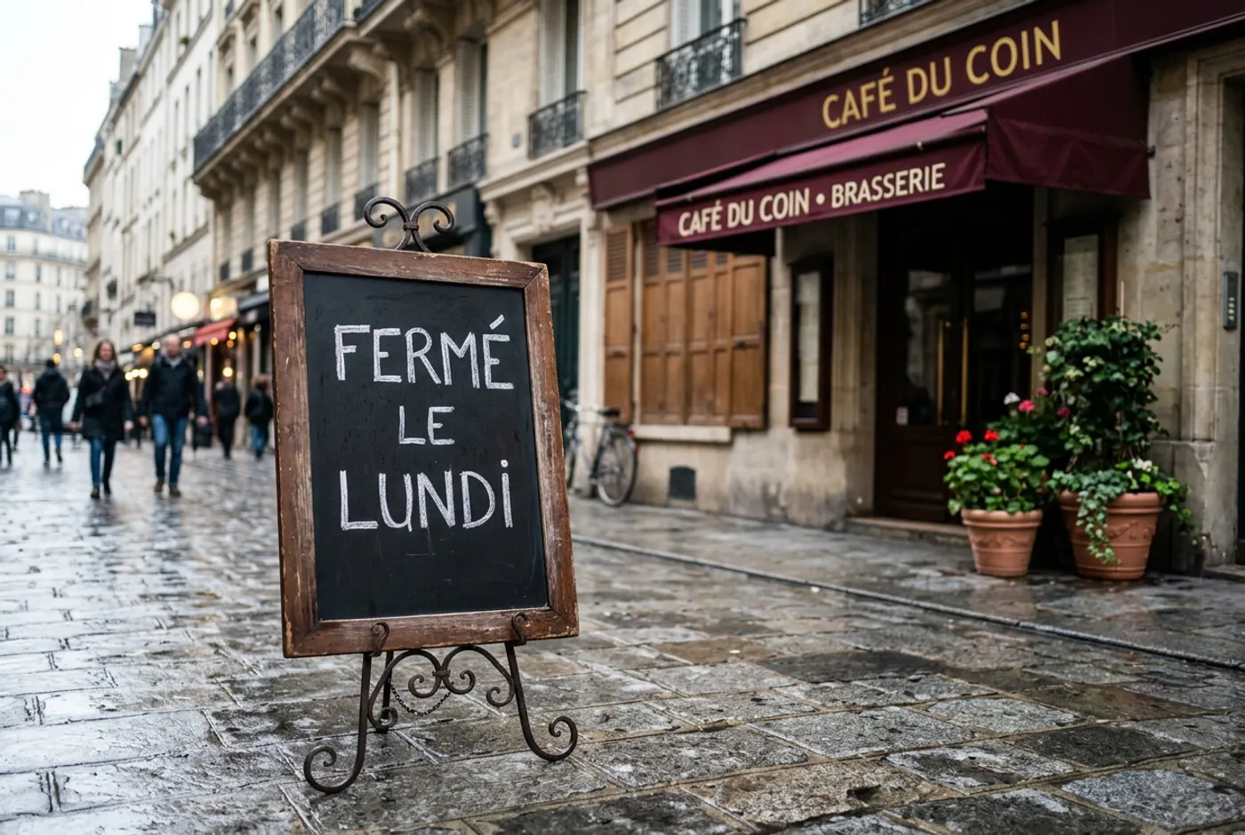 Nano Banana 2: A hand-lettered chalkboard sign propped on the pavement outside a Paris café. The board reads FERMÉ LE LUNDI in white chalk capitals. Morning light, wet cobblestones, shallow depth of field.
