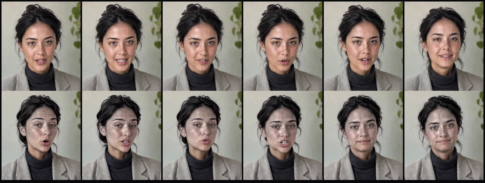 Two rows of six face crops of the same woman. The top row is warm-skinned and freckled; the bottom row is grey, waxy and hollow-cheeked.
