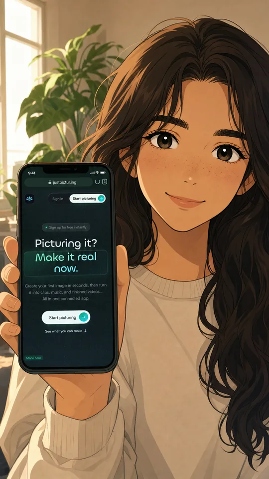 The supplied first frame: the same illustrated woman holding the phone, drawn as a still