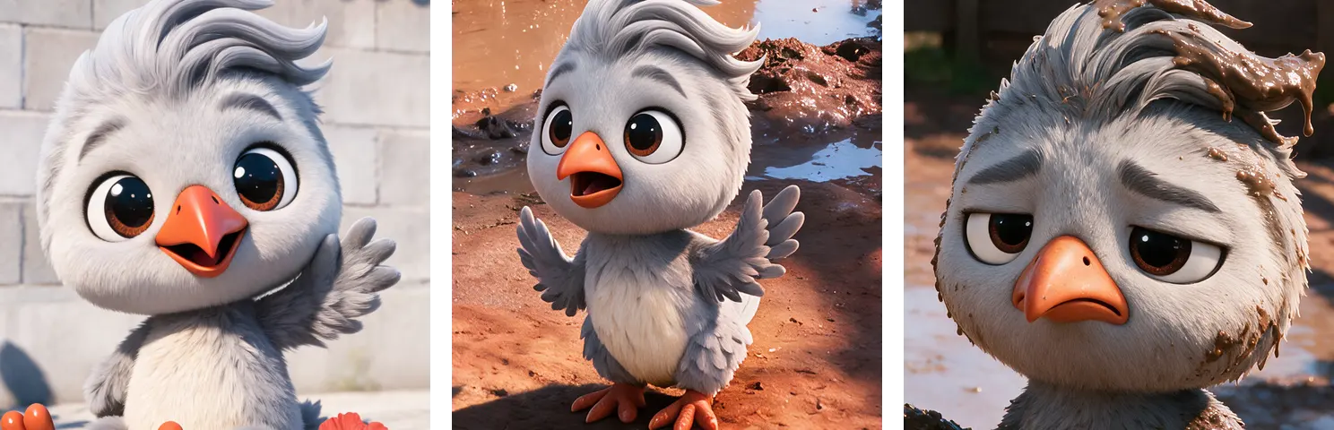 Three crops of the same baby kagu chick: the plain reference picture, the alarmed clean chick from the opening frame, and the mud-caked glare from the closing frame. The crest, beak and eyes are identical in all three.