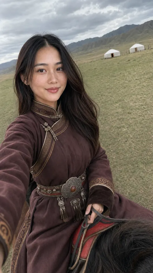 The starting picture: the same rider on horseback in a brown embroidered deel, arm out of frame at the bottom left, grassland and two white gers behind her