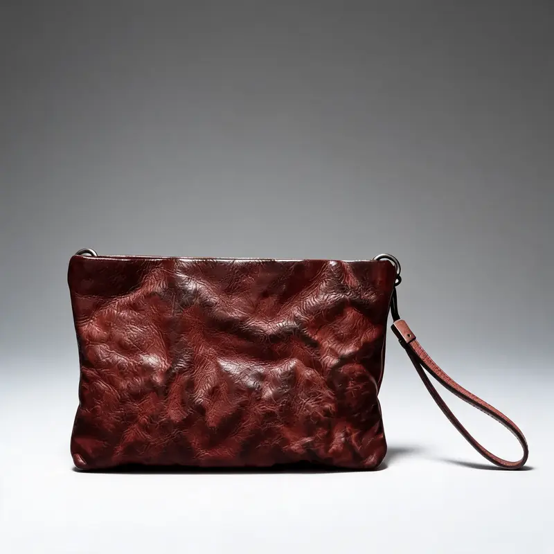 The same clutch on a seamless grey studio sweep, lit from the front left with one soft contact shadow under it and its wrist strap fully in frame