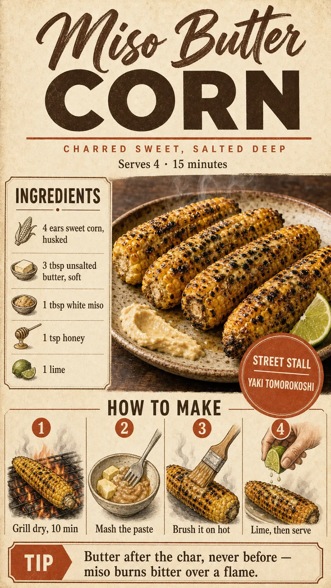 A rustic recipe poster for miso butter corn: a script-and-sans title, a plate of charred corn, an ingredients panel with drawn icons, four numbered process scenes and a tip box