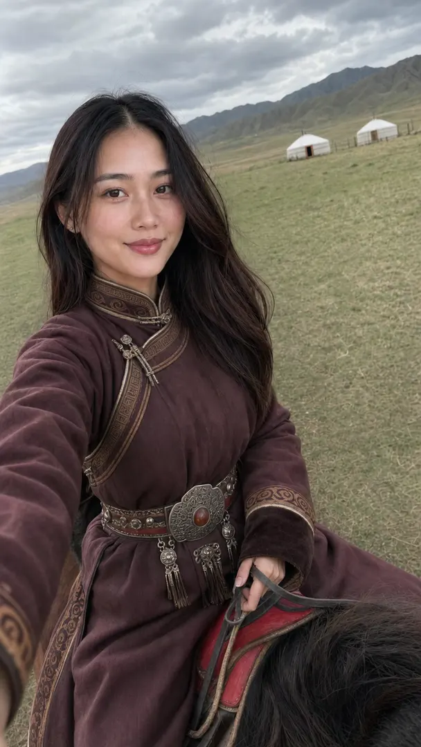 A woman in a Mongolian deel laughing as she rides across open grassland, filming herself at arm's length