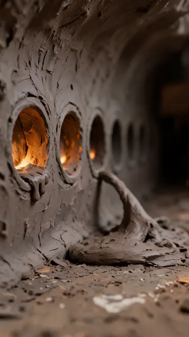 A row of coin-sized sockets down a clay cave wall, three of them packed with sludge and burning amber from inside.