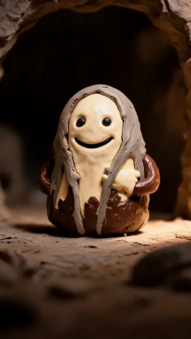 The impostor, a small cream clay figure in a badly fitted sludge costume, standing alone in a pool of amber light.