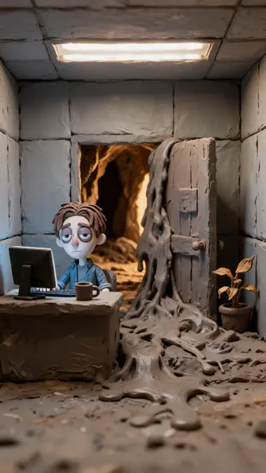 The cubicle again, the cave door burst wide open behind Derek and the sludge pouring through it.